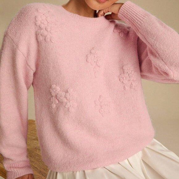 Pink Romantic Women's Pastel 3D Flowers Embroidered Long Sleeve Cute Sweater - Picture 6 of 8